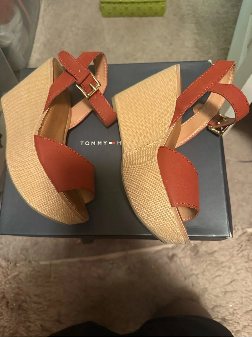 Tommy Hilfiger Terracotta Wedge Sandals with Gold Buckle